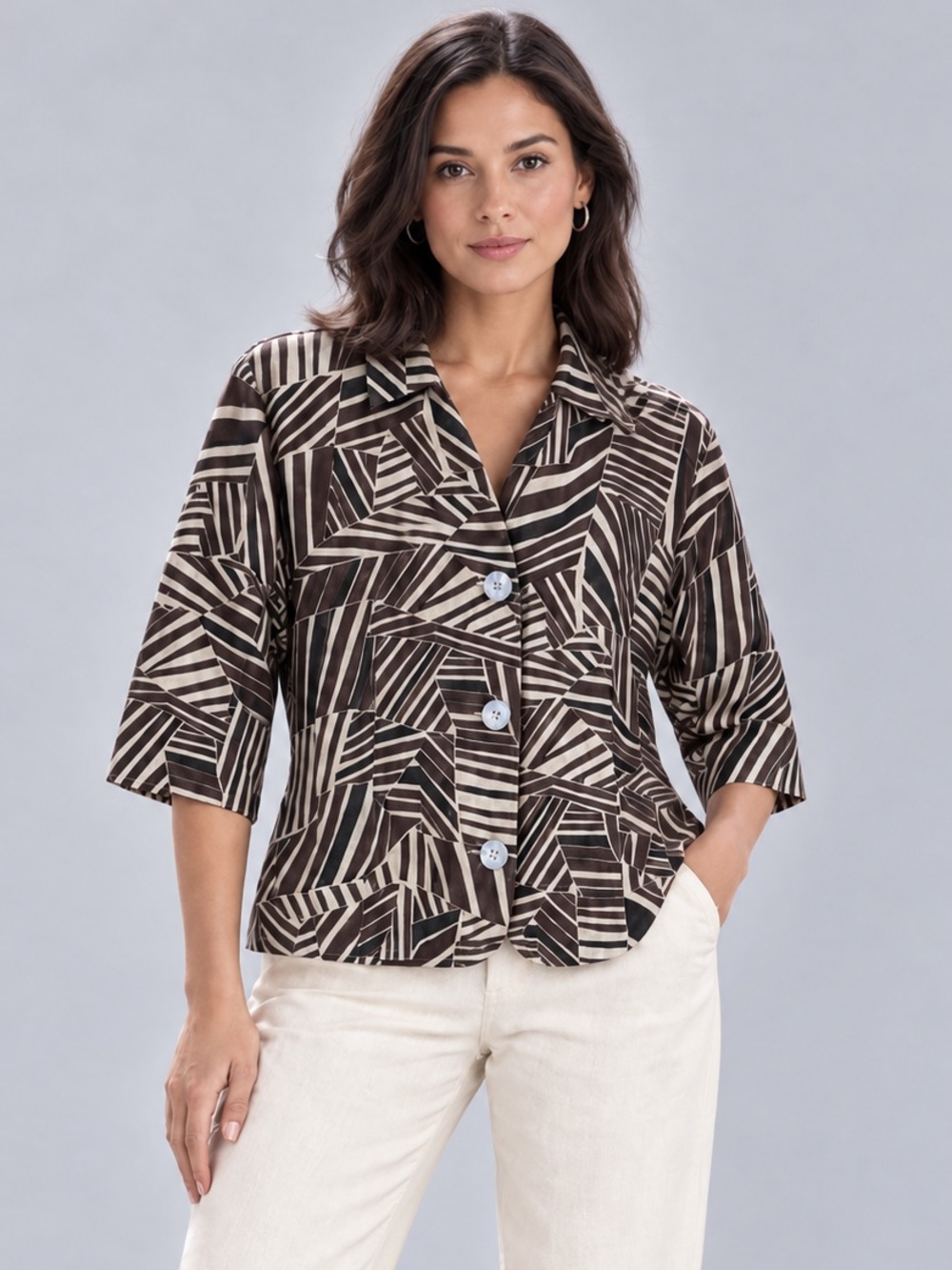 Geometric Mosaic Print Linen Blend Jacket Brown Black Mid Century Modern Size PL